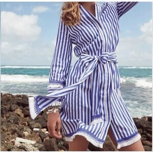 J. CREW Striped Tunic shirt Dress Belted blue white Cotton Poplin beach summer 0